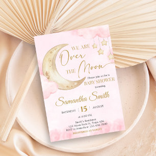 Invitation Fête Rose pour une Baby Shower Over the Moon 