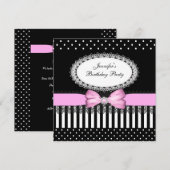 Invitation Fête Rose Ruban Noir Blanc Points noirs (Devant / Derrière)