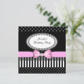 Invitation Fête Rose Ruban Noir Blanc Points noirs (Debout devant)