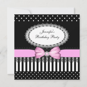 Invitation Fête Rose Ruban Noir Blanc Points noirs