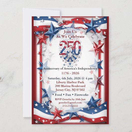 Invitation Fête Rouge Blanc & Bleu du 250e Anniversaire Améri (Devant)