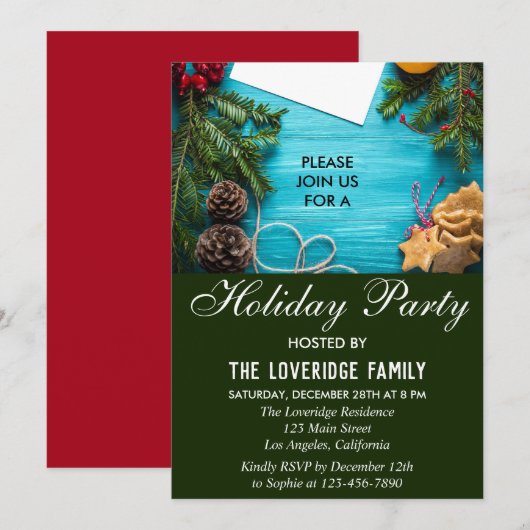 Invitation Fête rouge, bleue et verte de vacances de Noël à l (Devant / Derrière)