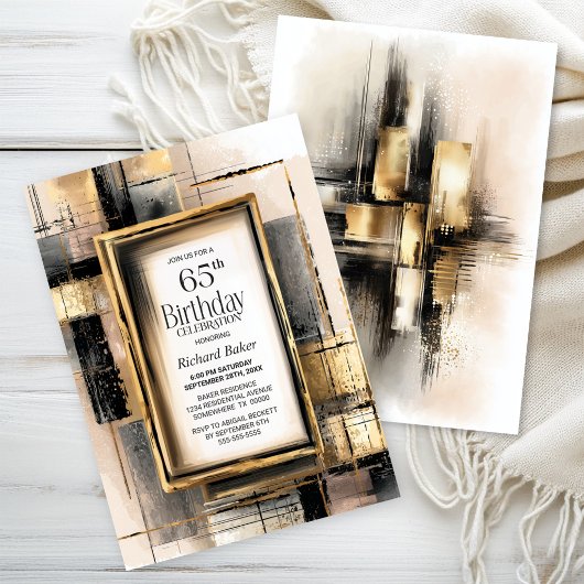 Invitation Fête rustique de 65 ans en noir et or