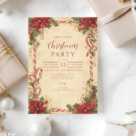 Invitation Fête rustique de Noël avec Poinsettia