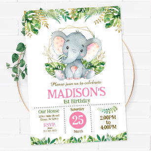 Invitation Fête safari jungle éléphant bébé 1er anniversaire