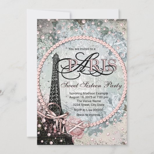 Invitation Fête Shabby Chic Paris Douce 16 Ans (Devant)
