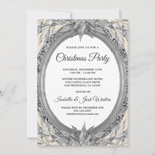 Invitation Fête Silver Grey Feuilles Wreath Christmas Party (Devant)