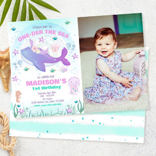 Invitation Fête sous la mer Baleine Fille 1er Anniversaire