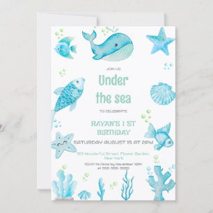 Invitation Fête sous la mer Bleu et Vert Anniversaire