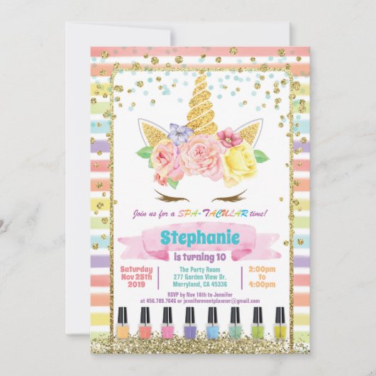 Invitation Fête spa de l'Unicorne, fille d'anniversaire paste (Devant)