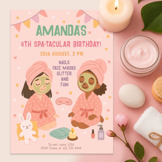 Invitation Fête spa pour les filles rose Anniversaire