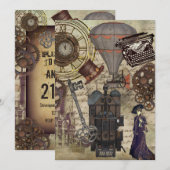 Invitation Fête Steampunk Art Industriel Vintage Victorien (Devant / Derrière)