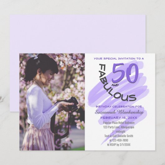 Invitation Fête sur mesure avec photo violette "50 ans et fab (Devant / Derrière)