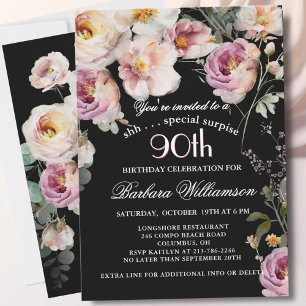 Invitation FÊTE SURPRENANTE Élégante Fleurie pour les 90 ans