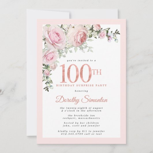 Invitation FÊTE SURPRISE 100e anniversaire Blush rose floral (Devant)