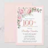 Invitation FÊTE SURPRISE 100e anniversaire Blush rose floral (Devant / Derrière)