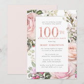 Invitation FÊTE SURPRISE 100e anniversaire Blush rose floral (Devant / Derrière)