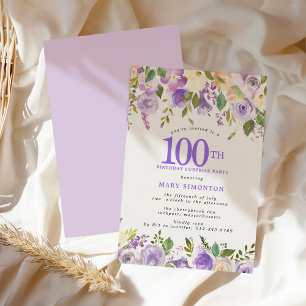 Invitation FÊTE SURPRISE 100e Anniversaire Jolies Fleurs Viol