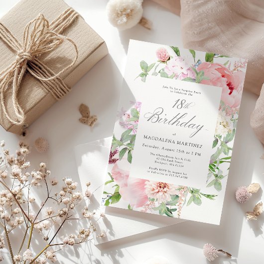 Invitation FÊTE SURPRISE 18e anniversaire Elegant rose Peony