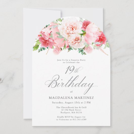 Invitation FÊTE SURPRISE 19e anniversaire Elegant rose Peony (Devant)