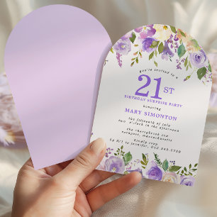 Invitation FÊTE SURPRISE 21e Anniversaire Arche Florale Viole