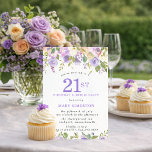 Invitation FÊTE SURPRISE 21e Anniversaire Fleurs Violettes Jo<br><div class="desc">Honorez une femme spéciale avec cette invitation élégante et féminine pour une fête d'anniversaire pour ses 21 ans. Le « 21 ans » est écrit en grand texte violet. « Birthday Surprise Party » suit. Le nom de l'invitée d'honneur est également en lettres majuscules violettes. Le reste du texte est...</div>
