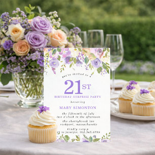 Invitation FÊTE SURPRISE 21e Anniversaire Fleurs Violettes Jo