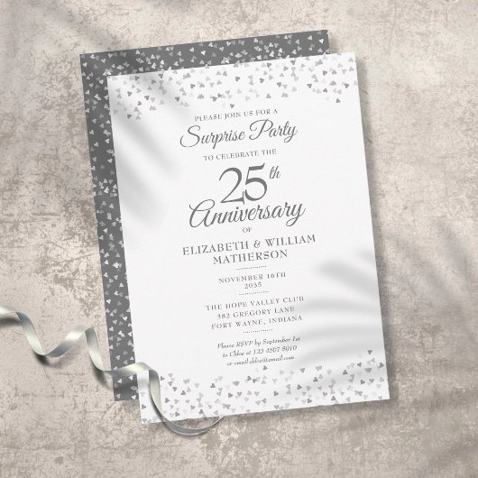 Invitation Fête Surprise 25e Anniversaire Amour Cœurs Argent