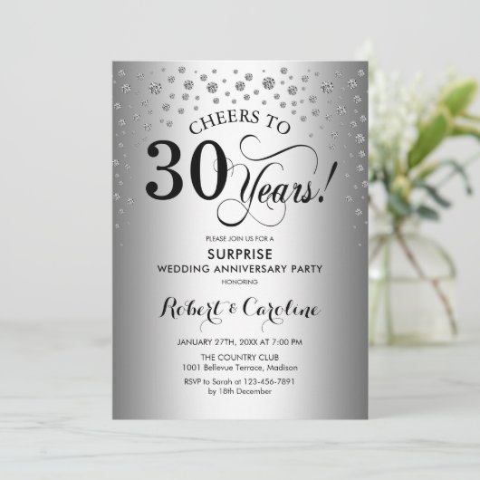 Invitation Fête surprise 30e anniversaire Argent Noir (Debout devant)