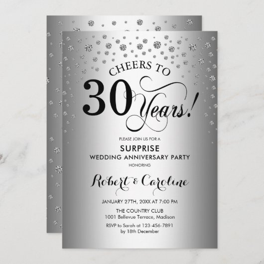 Invitation Fête surprise 30e anniversaire Argent Noir (Devant / Derrière)