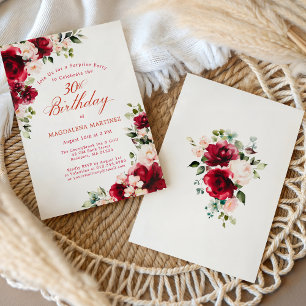 Invitation FÊTE SURPRISE 30e Anniversaire Rouge Rose Floral