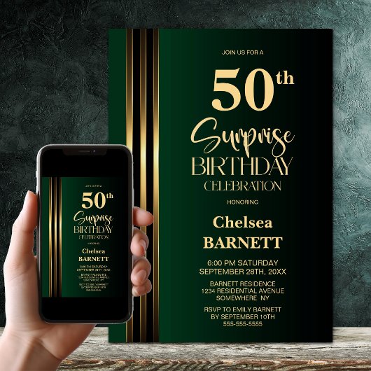 Invitation Fête surprise 50 ans vert noir rayures dorées