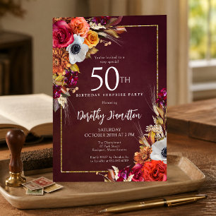 Invitation FÊTE SURPRISE 50e Anniversaire Fleurs d'Automne Bo