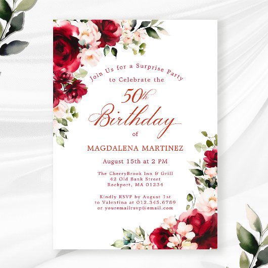 Invitation FÊTE SURPRISE 50e anniversaire Floral rose rouge