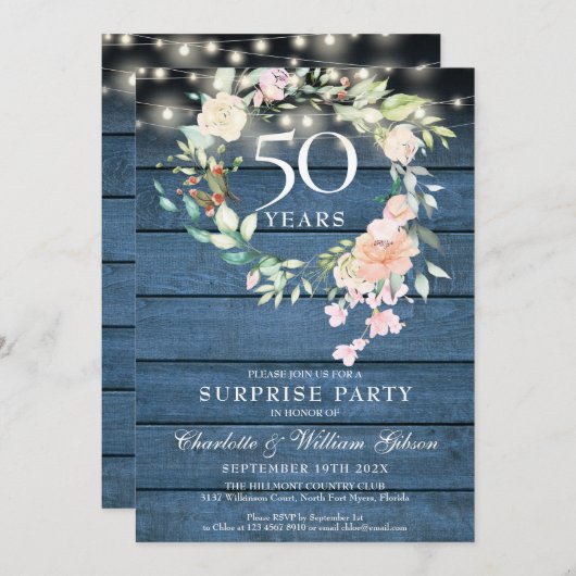 Invitation Fête surprise 50e anniversaire Floral rustique (Devant / Derrière)