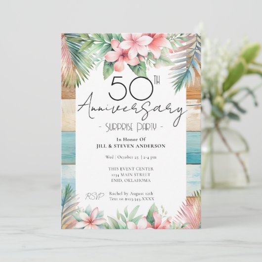 Invitation Fête Surprise 50e Anniversaire Tropicale (Debout devant)