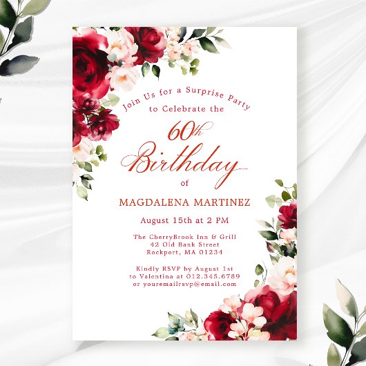 Invitation FÊTE SURPRISE 60e anniversaire Floral rose rouge