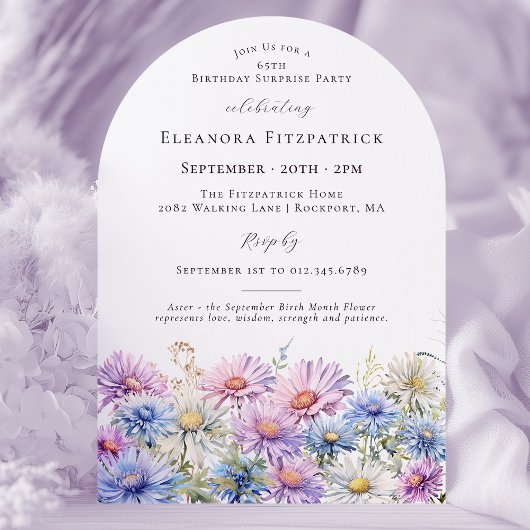 Invitation FÊTE SURPRISE 65 ans Fleur du mois de naissance de