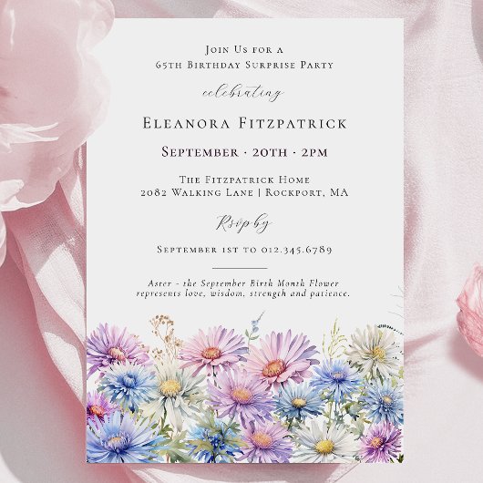 Invitation FÊTE SURPRISE 65 septembre Fleur du mois de naissa