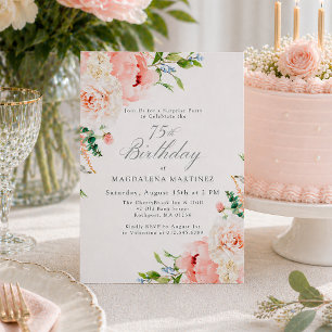 Invitation FÊTE SURPRISE 75e Anniversaire Féminin Fleurs Rose