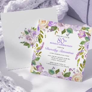 Invitation FÊTE SURPRISE 80e Anniversaire Carré Floral Violet