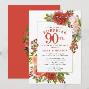 Invitation FÊTE SURPRISE 90e Anniversaire Rose Rouge Rose Ros