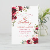 Invitation FÊTE SURPRISE 90e Anniversaire Rouge Rose Floral (Debout devant)