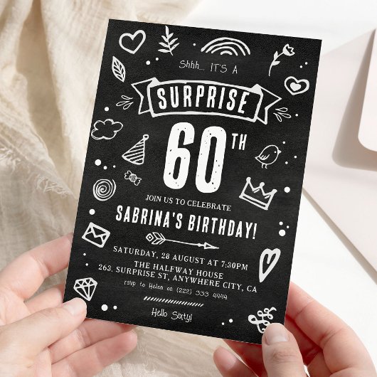 Invitation Fête surprise anniversaire 60 ans Fun Doodle table