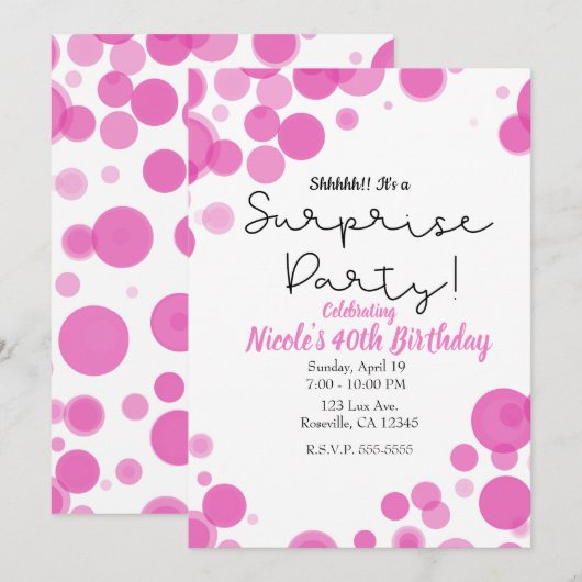 Invitation Fête surprise avec bulles à pois roses et blancs (Devant / Derrière)