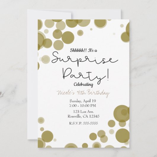 Invitation Fête surprise bulles de points blancs or moderne (Devant)