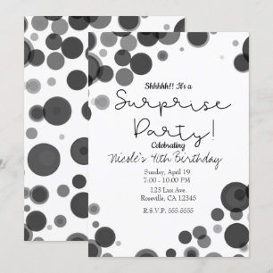 Invitation Fête surprise bulles noir blanc à pois