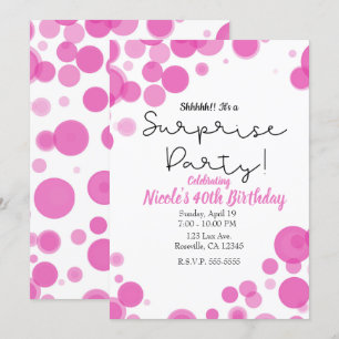 Invitation Fête surprise bulles rose et blanc à pois