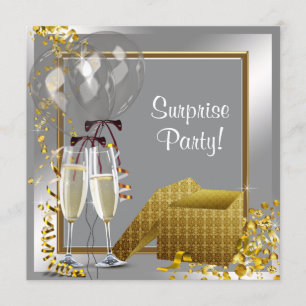 Invitation Fête surprise Champagne Confetti Argent et Or