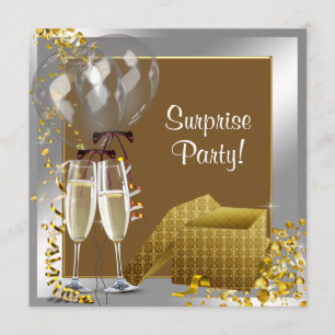 Invitation Fête surprise Champagne Confettis Argent Or